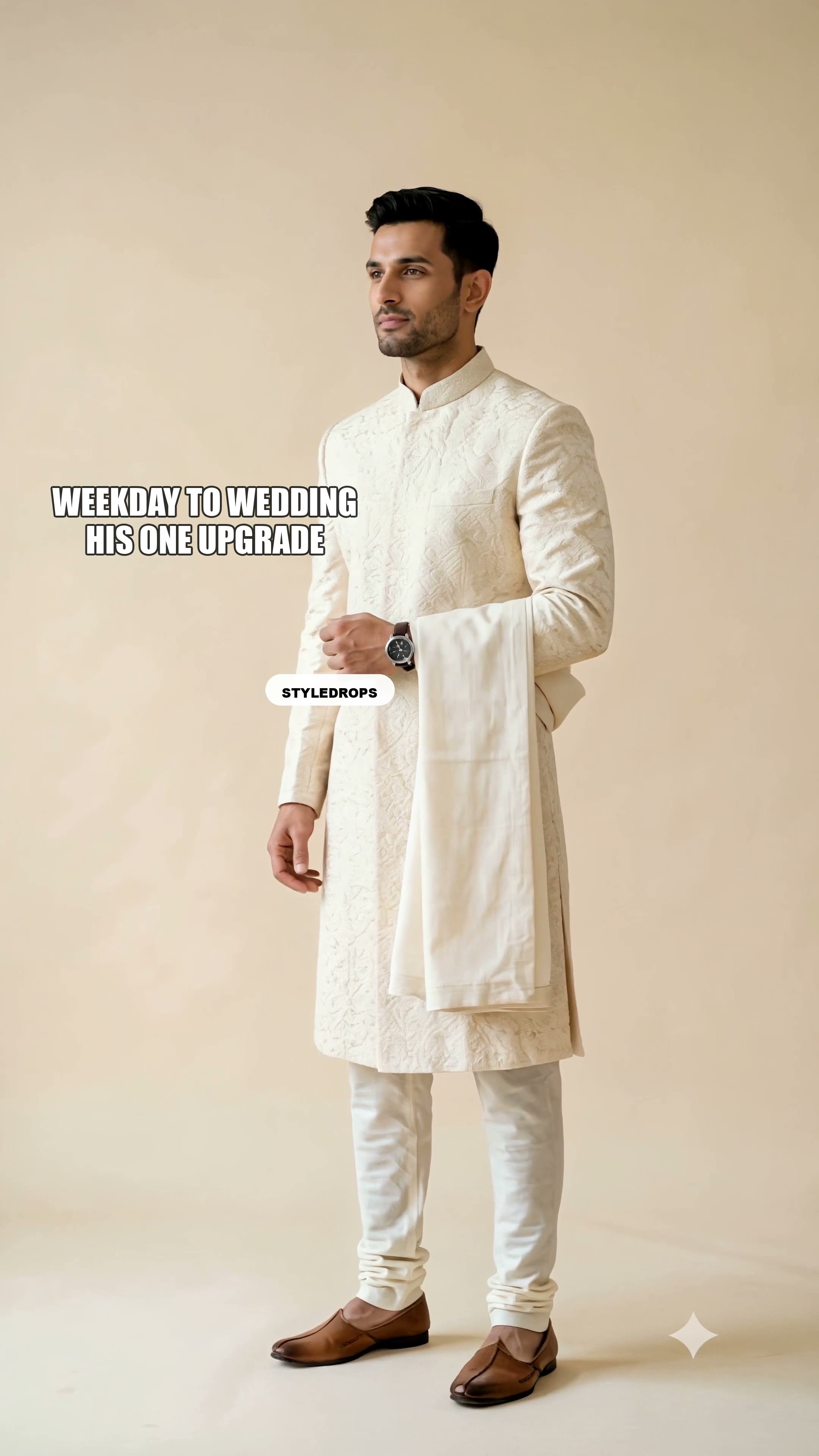 Weekday to wedding — his ONE upgrade. Cream chikankari sherwani, under $220.