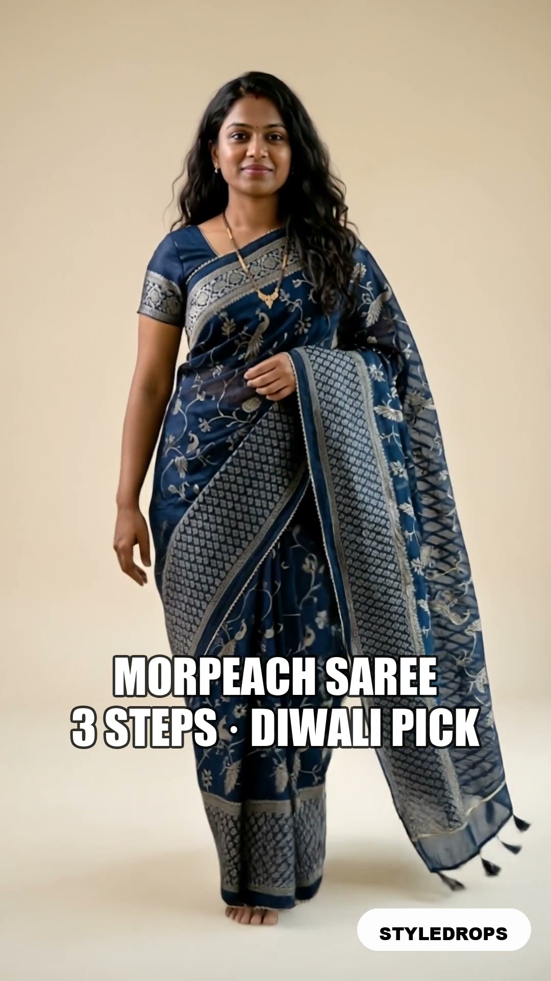 Morpeach peacock saree — 3-step walk into Diwali (under $150)