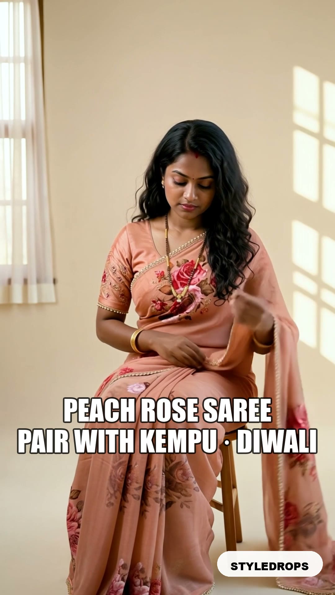 Peach rose saree paired with kempu silver — Diwali daytime look