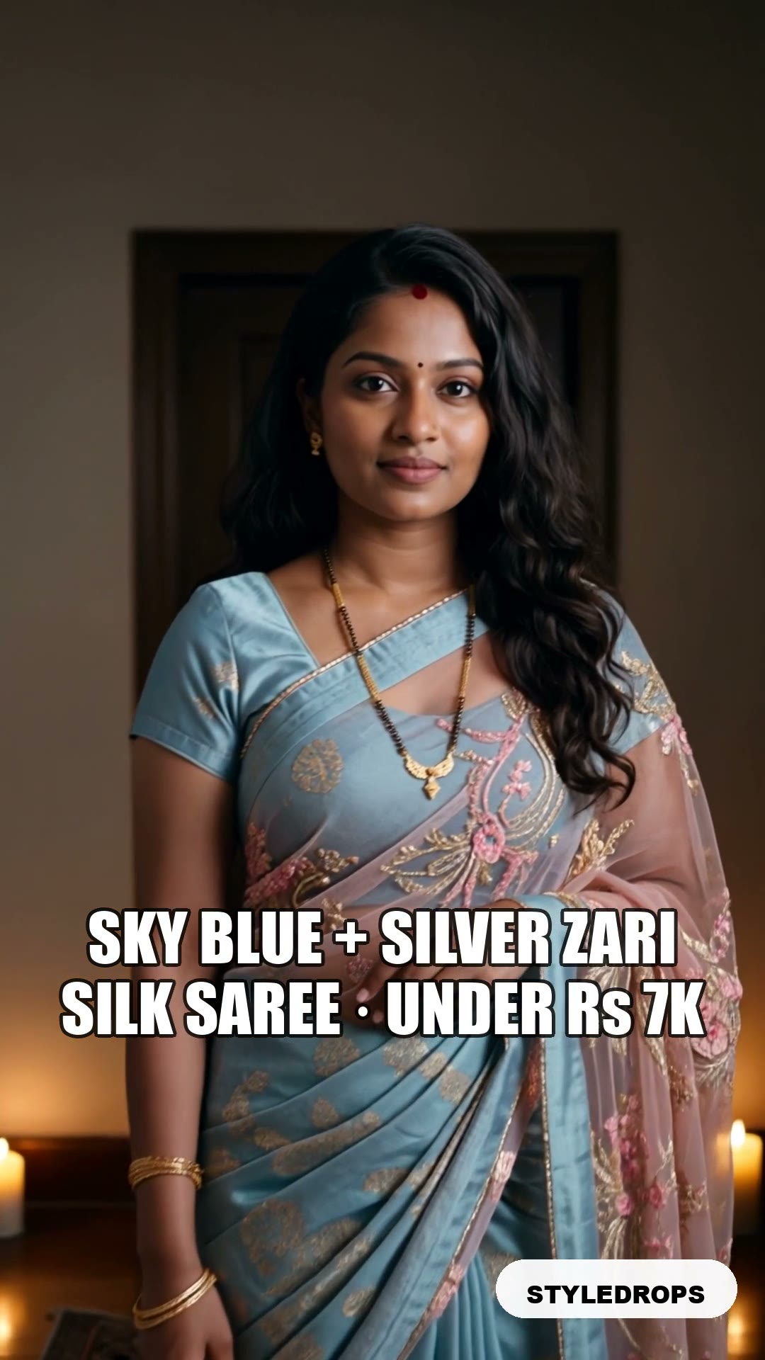 Sky blue silk with silver zari — Diwali saree hero, under $220