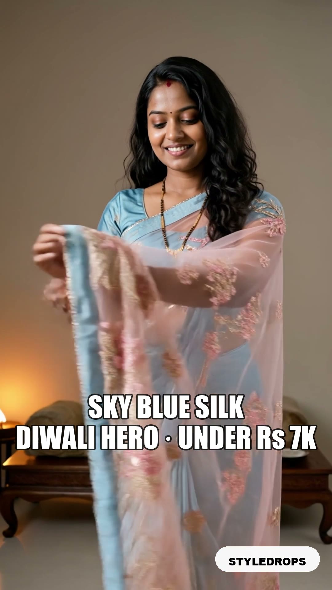 Sky blue silk saree with silver zari — Diwali hero, under $220