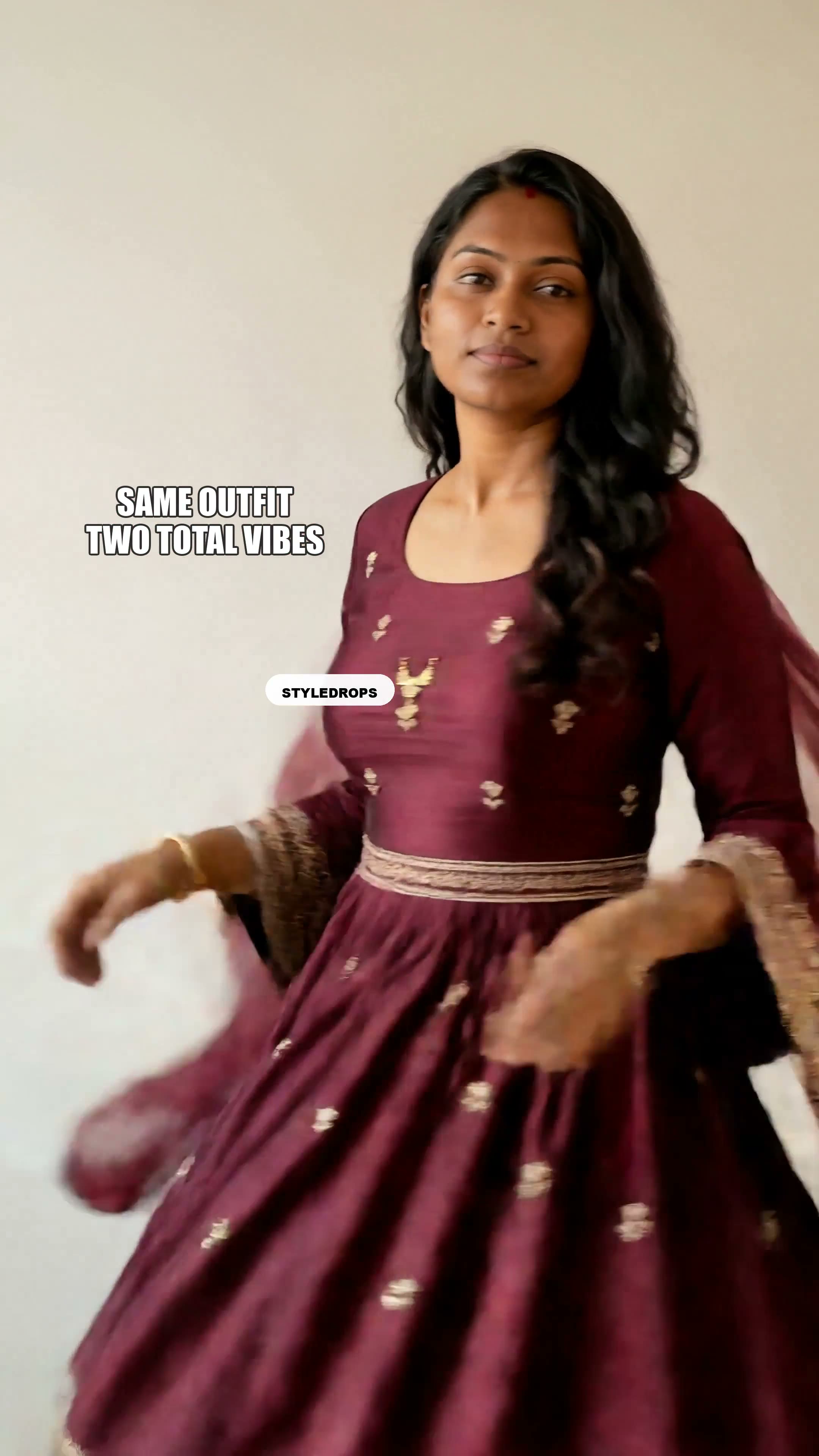 Same wine anarkali — two totally different vibes. The jewellery does all the work.