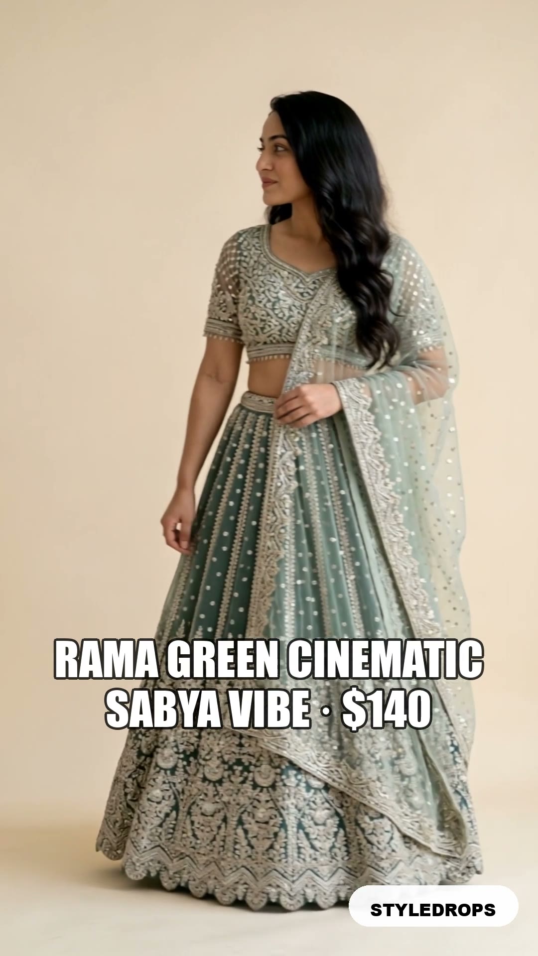 Rama green cinematic lehenga — Sabya vibe under $250, mom-approved